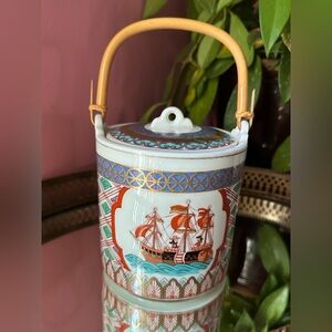 Vintage Arita Imari Ware Intricate Nautical Ceramic Lidded Pot Canister Japan